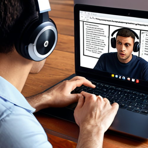 Home 23 ** A person wearing headphones, intently listening to a French language lesson on a laptop. The scene should convey focus and immersion in the language.
**