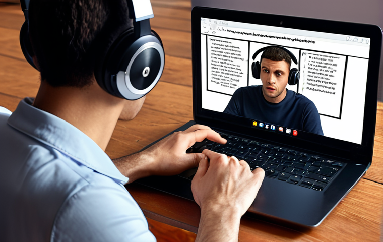 ** A person wearing headphones, intently listening to a French language lesson on a laptop. The scene should convey focus and immersion in the language.
**