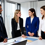 **Career Opportunities:** A diverse group of professionals from various countries (France, Canada, etc.) collaborating in a modern, international office setting. Emphasis on communication and global teamwork.