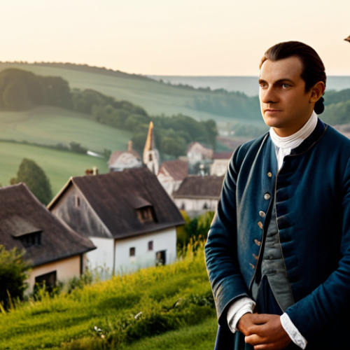 Home 21 A dignified, professional man in modest, clean 18th-century European commoner attire, standing with a composed posture and a resolute expression. He gazes towards a hopeful horizon, symbolizing the quiet aspiration for change. The background depicts a serene, well-maintained village setting at dawn, bathed in soft, warm light, with subtle traditional European architecture. The scene conveys a sense of peaceful expectation and the dignity of everyday life. This image features perfect anatomy, correct proportions, a natural pose, well-formed hands, proper finger count, and natural body proportions, ensuring a high-quality, professional photograph. It is safe for work, appropriate content, fully clothed, and family-friendly.
