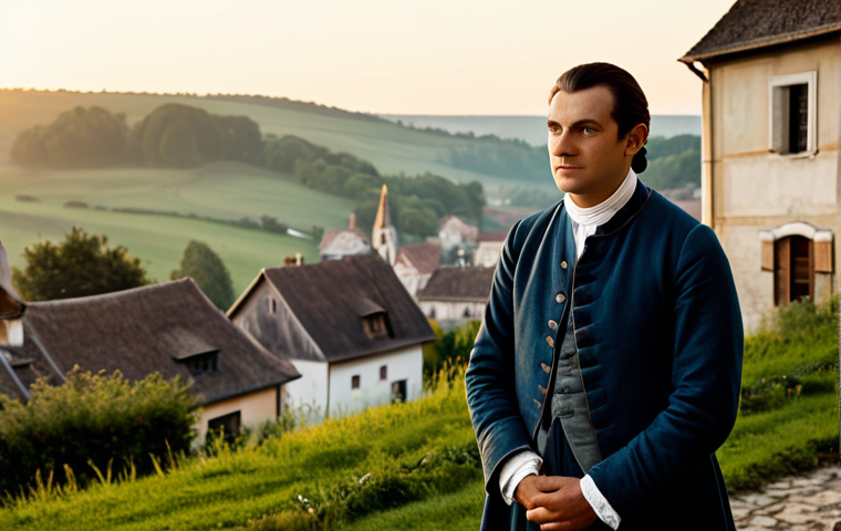 A dignified, professional man in modest, clean 18th-century European commoner attire, standing with a composed posture and a resolute expression. He gazes towards a hopeful horizon, symbolizing the quiet aspiration for change. The background depicts a serene, well-maintained village setting at dawn, bathed in soft, warm light, with subtle traditional European architecture. The scene conveys a sense of peaceful expectation and the dignity of everyday life. This image features perfect anatomy, correct proportions, a natural pose, well-formed hands, proper finger count, and natural body proportions, ensuring a high-quality, professional photograph. It is safe for work, appropriate content, fully clothed, and family-friendly.