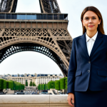 **

A professional businesswoman in a modest business suit, standing in front of the Eiffel Tower in Paris, fully clothed, appropriate attire, safe for work, perfect anatomy, natural proportions, professional photography, high quality.

**