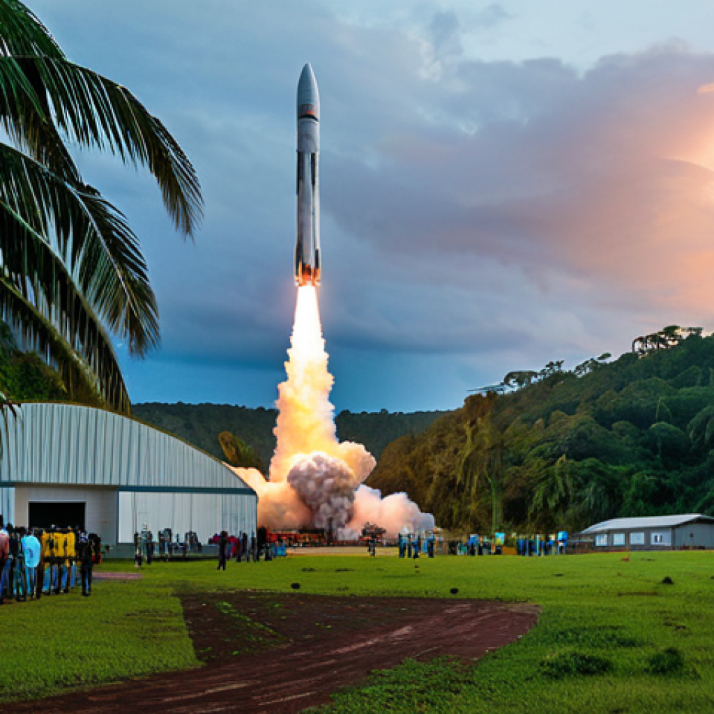French Guiana - Modern Spaceport**

"A wide shot of the Guiana Space Centre in French Guiana, showing a rocket launch at sunset. Lush rainforest surrounds the modern facility. In the foreground, local people are watching the launch, fully clothed in everyday attire. Safe for work, appropriate content, professional photograph, perfect anatomy, natural proportions, high quality."

**