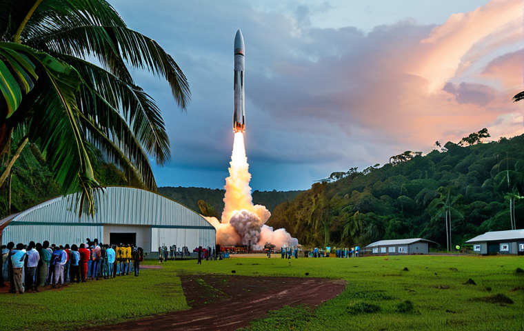 French Guiana - Modern Spaceport**
"A wide shot of the Guiana Space Centre in French Guiana, showing a rocket launch at sunset. Lush rainforest surrounds the modern facility. In the foreground, local people are watching the launch, fully clothed in everyday attire. Safe for work, appropriate content, professional photograph, perfect anatomy, natural proportions, high quality."
**