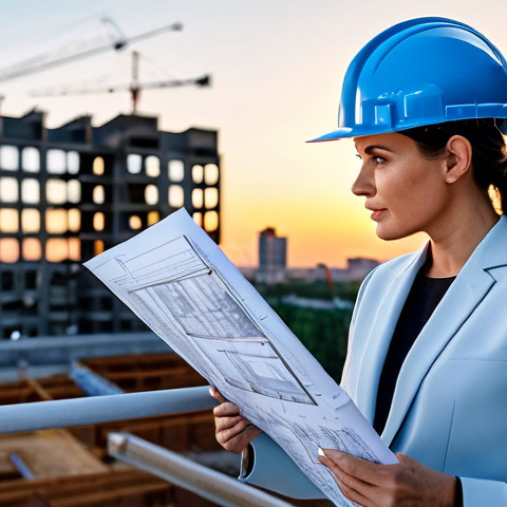 프랑스어 CV 작성법 - **
A professional female architect, fully clothed in a stylish yet modest pantsuit, reviewing bluep...