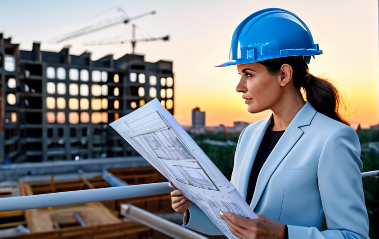 프랑스어 CV 작성법 - **
A professional female architect, fully clothed in a stylish yet modest pantsuit, reviewing bluep...