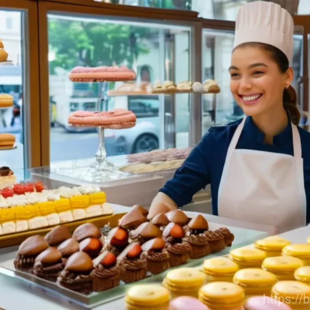 프랑스어 프랑스 음식 용어 - **French Patisserie of Dreams**
A vibrant and inviting scene inside a bustling French patisserie...
