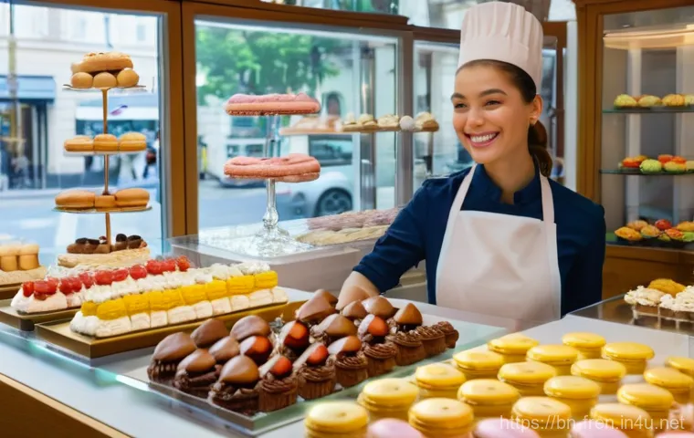 프랑스어 프랑스 음식 용어 - **French Patisserie of Dreams**
    A vibrant and inviting scene inside a bustling French patisserie...