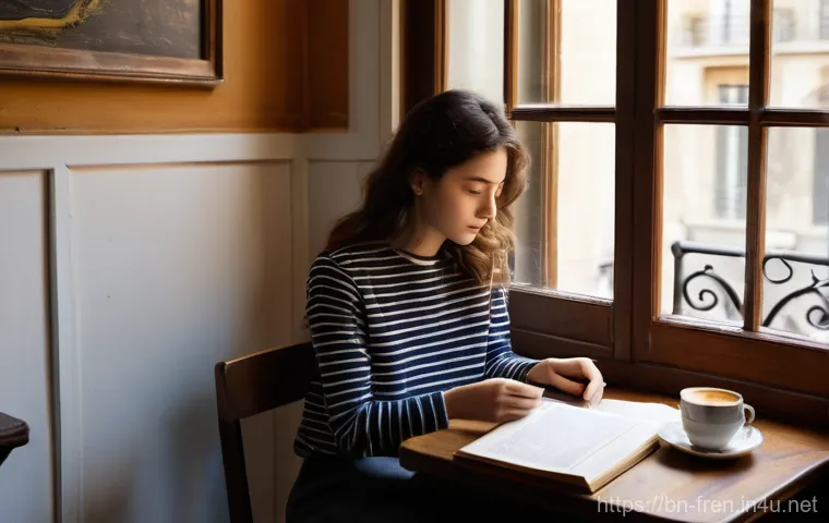프랑스어 속담과 관용구 - **Prompt:** A cozy and sunlit Parisian cafe interior. A young woman, perhaps in her early twenties, ...