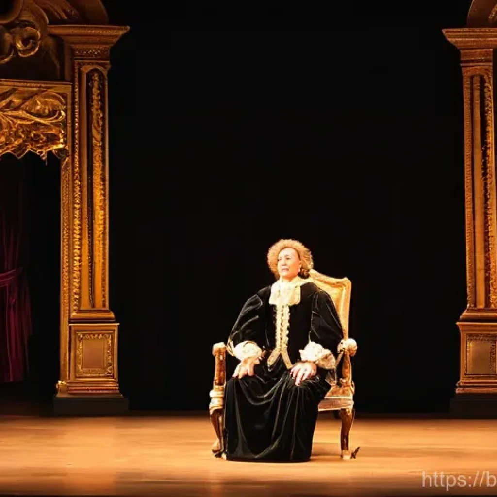 프랑스어 연극 용어 - A theatrical stage bathed in dramatic, warm lighting. On stage, a diverse group of actors, fully clo...