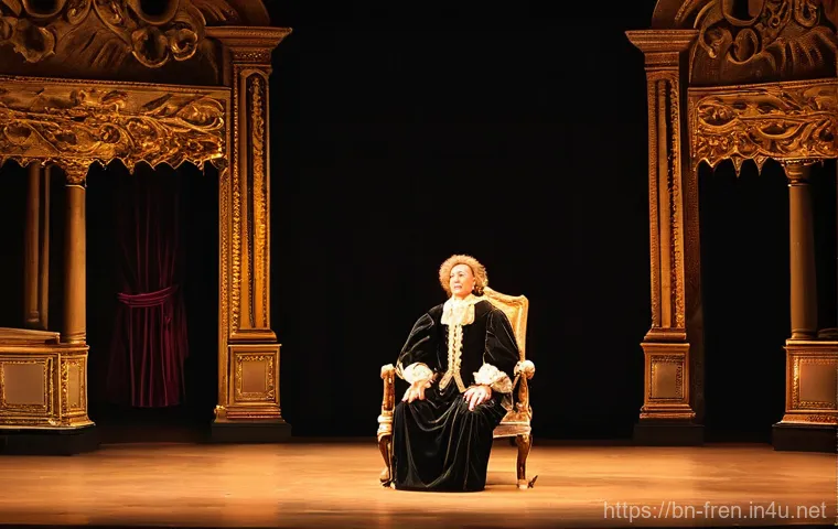 프랑스어 연극 용어 - A theatrical stage bathed in dramatic, warm lighting. On stage, a diverse group of actors, fully clo...