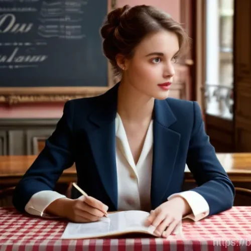 프랑스어 프랑스어로 음식 주문하는 법 - **Prompt:** A young woman, elegantly dressed in a chic, modest blazer and blouse, sits at a classic ...