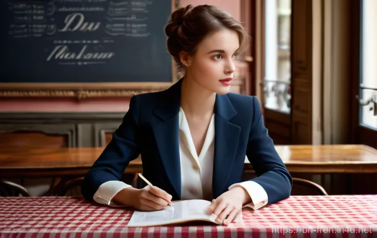 프랑스어 프랑스어로 음식 주문하는 법 - **Prompt:** A young woman, elegantly dressed in a chic, modest blazer and blouse, sits at a classic ...