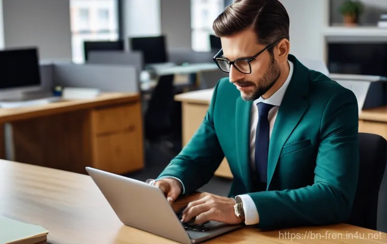 프랑스어 비즈니스 이메일 작성법 - **Prompt:** A professional, gender-neutral person in their late 20s to early 30s sits at a modern of...