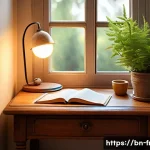프랑스어 프랑스어로 일기 쓰기 - A serene and cozy writing nook bathed in soft morning light, featuring a small wooden desk with neat...