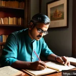 Home 23 프랑스어 프랑스어 번역의 어려움 - A detailed, realistic scene of a Bengali translator at work, surrounded by French and Bengali books ...