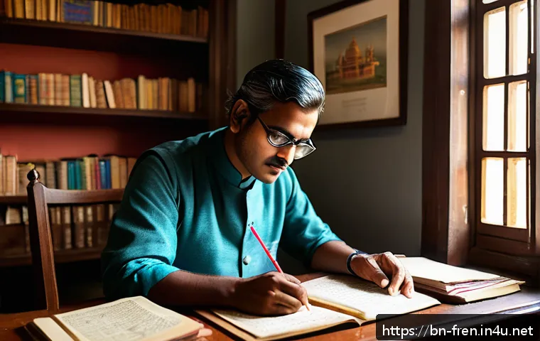 프랑스어 프랑스어 번역의 어려움 - A detailed, realistic scene of a Bengali translator at work, surrounded by French and Bengali books ...