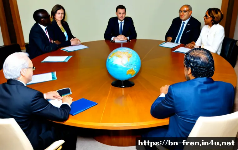 프랑스어 프랑스어권 국가의 외교 관계 - Photorealistic international diplomatic meeting between diverse delegates from France, West Africa, ...